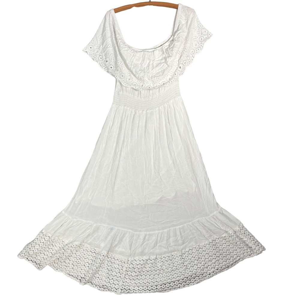 Naoo Peasant Maxi Dress Size M White‎ Eyelet Off Shoulder Smocked Waist Boho